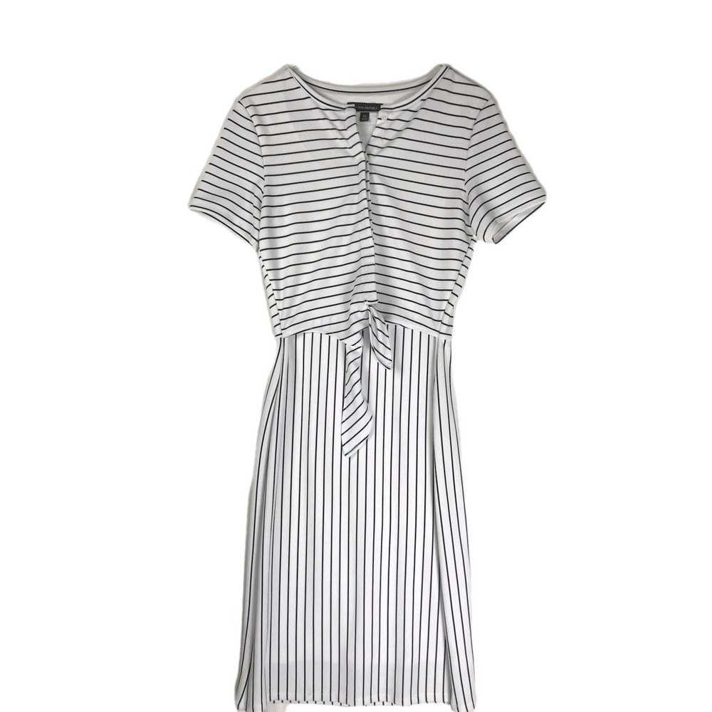 Banana Republic Black White Striped V-Neck Sheath Knee Tie Waist Dress XS
